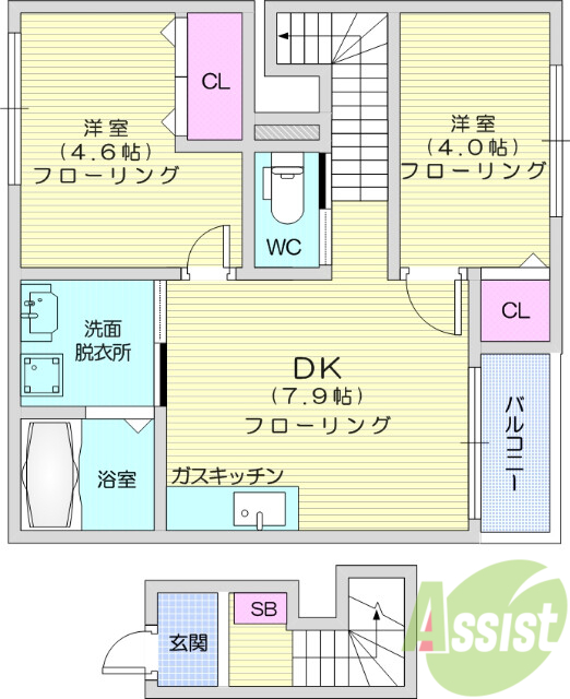2DK、バストイレ別、温水洗浄便座付き、室内洗濯置場