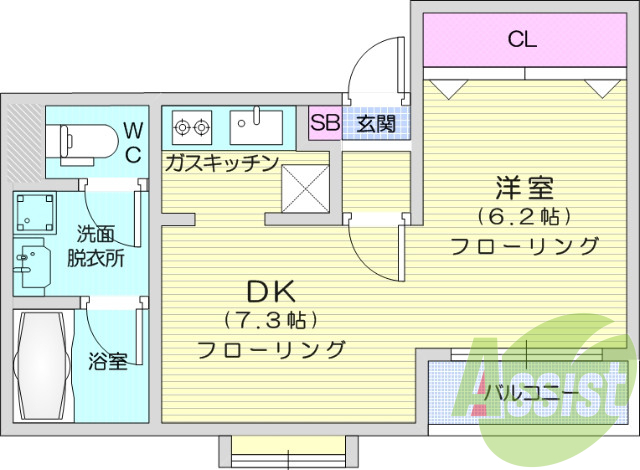 1DK、フローリング、システムキッチン、家具家電付き