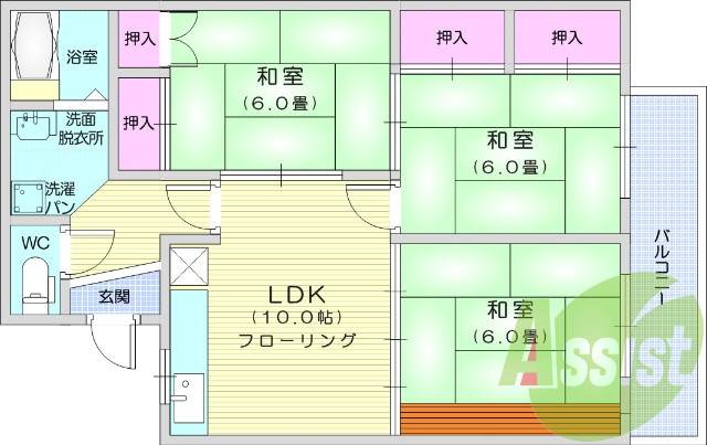 3LDK、エアコン、室内洗濯機置場、トイレ浴室別、収納