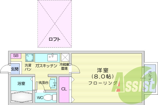 1K、駐車場一台無料、ロフト付き、独立洗面台