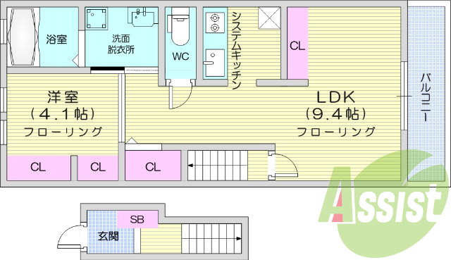 １LDK、システムキッチン、シャンプードレッサー、エアコン