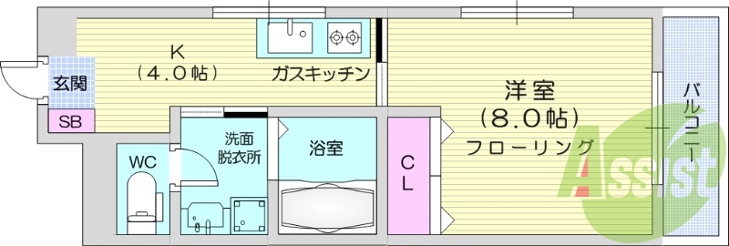 1K、都市ガス、ウォッシュレット、独立洗面付き