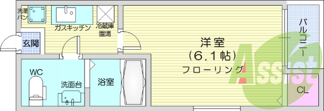 1K、独立洗面台、室内洗濯機置き場、シャッター付き