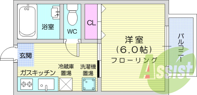 1K、バランス釜、フローリング、室内洗濯機置場、LPガス