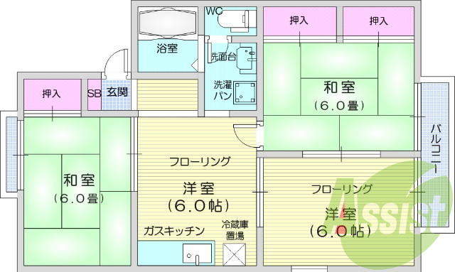 3DK、追焚機能、バス・トイレ別、独立洗面台