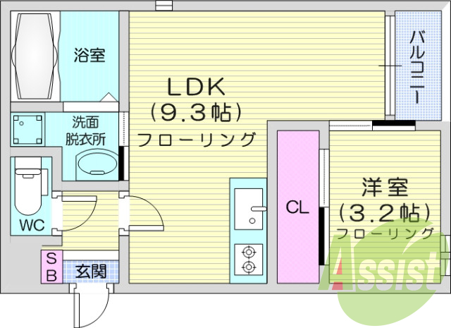 1LDK、浴室TV、浴室乾燥、システムキッチン、オートロック