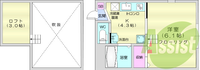 1K、バストイレ別、エアコン付、クローゼット