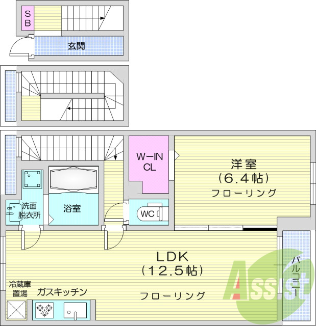 １LDK、バルコニー、浴室乾燥、洗濯機置き場室内
