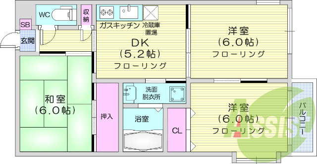 ３DK、独立洗面台、駐車場付き、バストイレ別