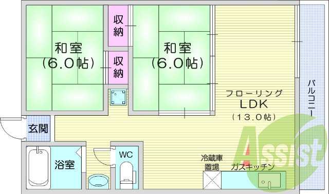 2LDK、フローリング、バストイレ別、エアコン