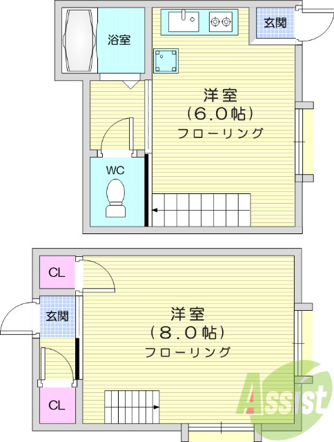 1DK、エアコン2台、プロパンガス、メゾネット、給湯器