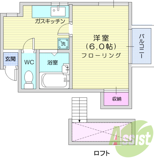 １K、風呂トイレ別、ロフト、インターネット無料