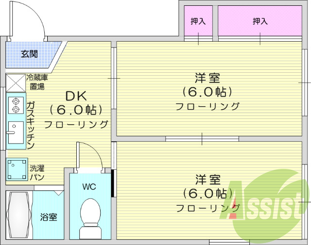 ２DK、バス・トイレ別、洗濯機置場室内、バルコニー