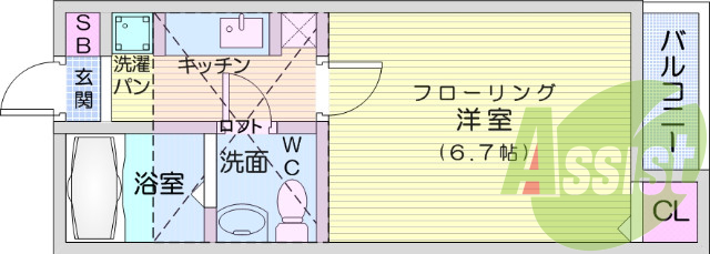 1K、フローリング、バストイレ別、エアコン