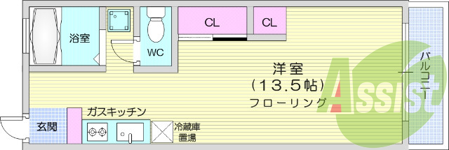 1K、ウォシュレット機能、収納スペースあり。