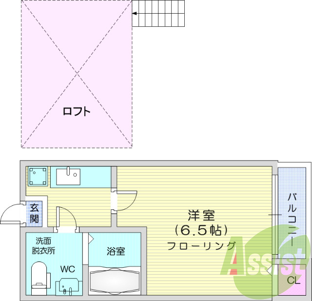 1K、デザイナーズ、ロフト、バストイレ別、洗面台、エアコン