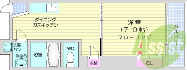 １DK、都市ガス、独立洗面台、エアコン、バルコニー