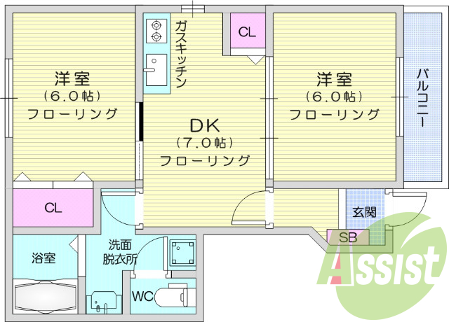 2ＤＫ、バルコニー、クローゼット、シューズボックス