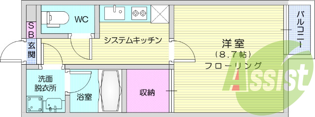 １K、モニター付きインターホン、システムキッチン