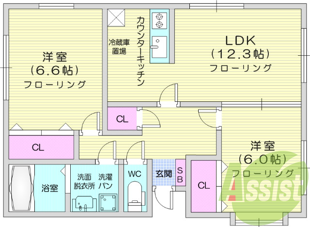 2LDK、バス・トイレ別、追い焚き機能、シャンプードレッサー