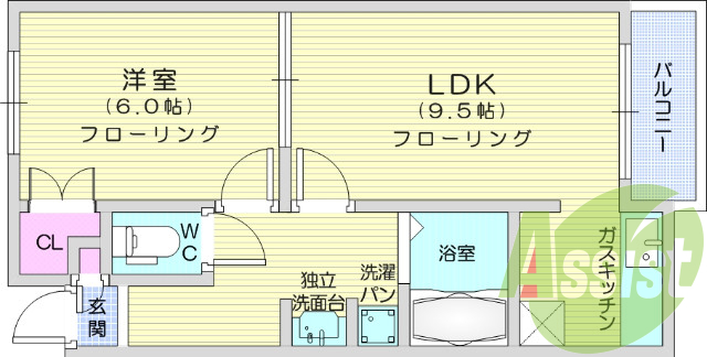 1LDK、都市ガス、洗面所独立、陽当たり良好