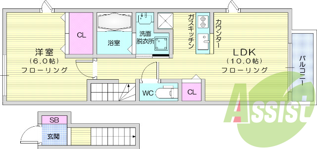 １LDK、フローリング、エアコン、バルコニー