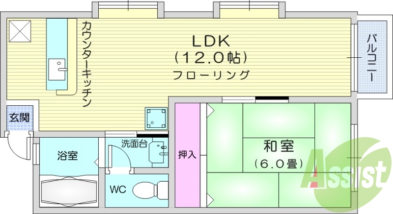 1LDK、独立洗面台、バルコニー、角部屋