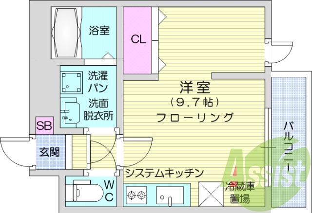 ワンルーム、設備充実、システムキッチン、洗面化粧台