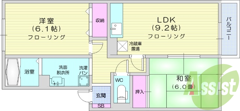 2ＤＫ、バス・トイレ別、追い焚き機能、室内物干し
