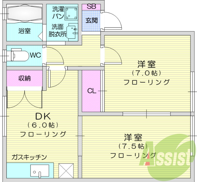 2DK、エアコン、室内洗濯機置場、トイレ浴室別、クローゼット