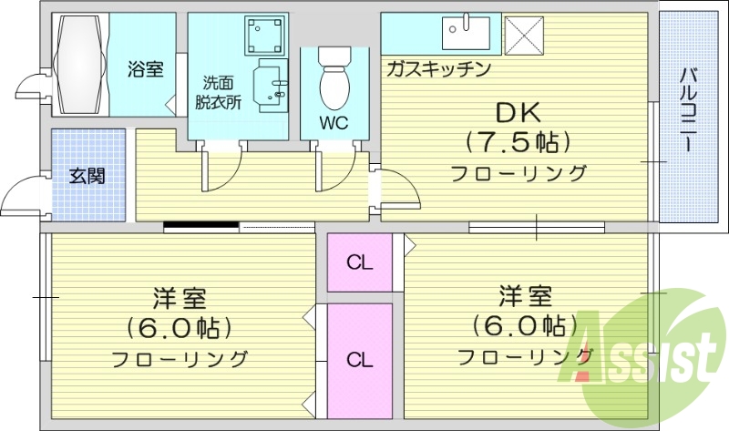 2DK、エアコン、バルコニー、給湯、クロゼット、バストイレ別