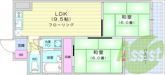 2LDK、2面バルコニー、エアコン2台、システムキッチン