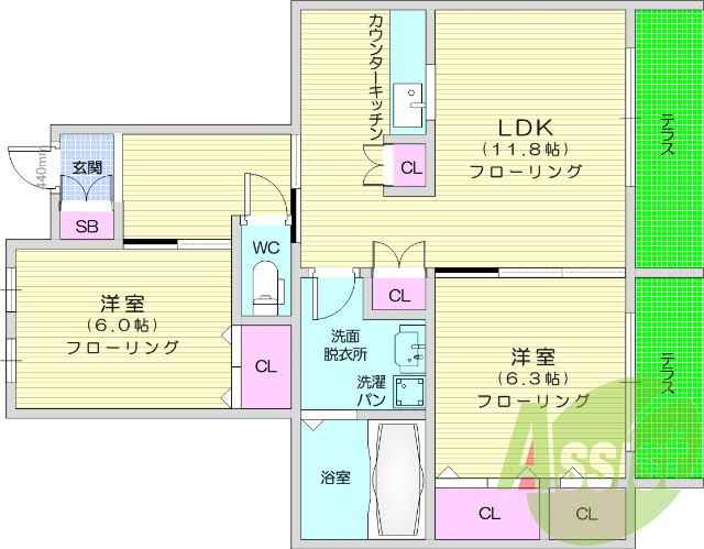 2LDK、TVインターホン、洗髪洗面化粧台、全室エアコン付き