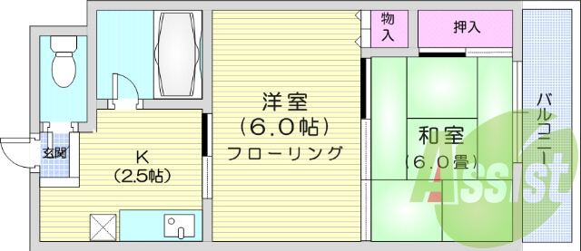 2K、都市ガス、バストイレ別、エアコン、室内洗濯機置き場