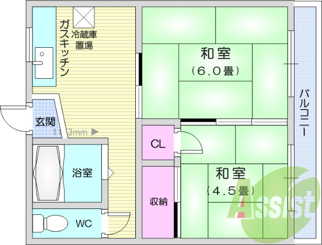 2DK、都市ガス、物置、駐車場付き1台無料