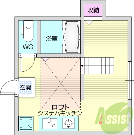 1K、ペット相談、ロフト、風呂トイレ別、洗面台、フローリング