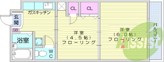 2K、エアコン、バストイレ別、バルコニー