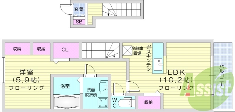 1LDK、追炊き機能浴室、浴室乾燥機付き