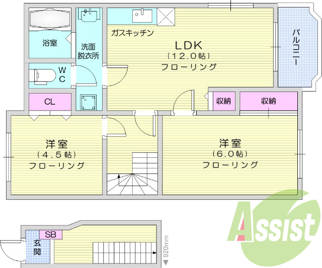 2LDK、追い焚き、独立洗面台、プロパンガス、バルコニー