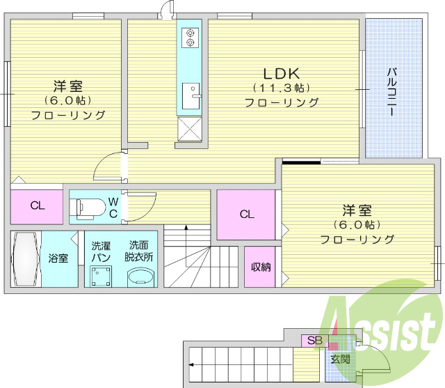 2LDK、インターネット使用料無料、角部屋、南向き