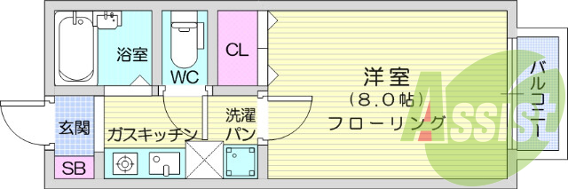 1K、2階、バストイレ別。コンロ付き