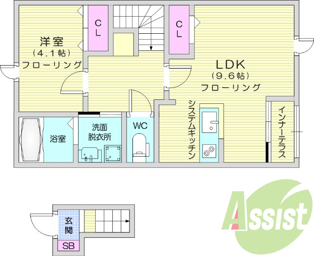 1LDK、インナーテラス、インターネット使用料無料、耐震醸造