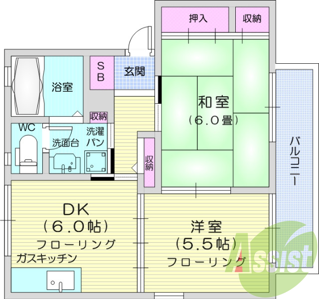 2DK、独立洗面台、ウォッシュレット、追焚機能