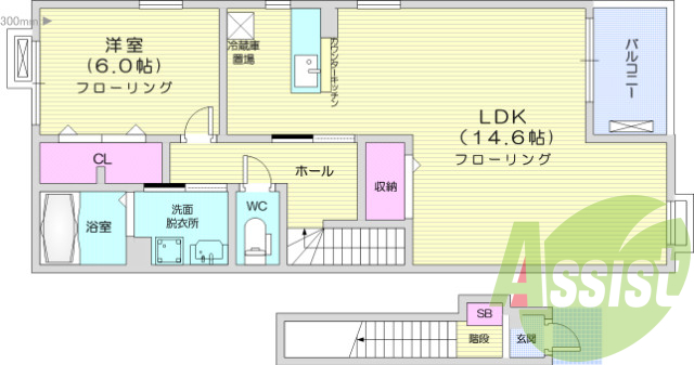 1LDK、南向き開口部、B・T別、浴室乾燥機付き。