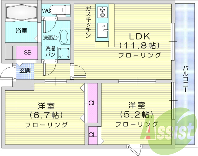 2LDK・バストイレ別・エアコン・室内洗濯機置場