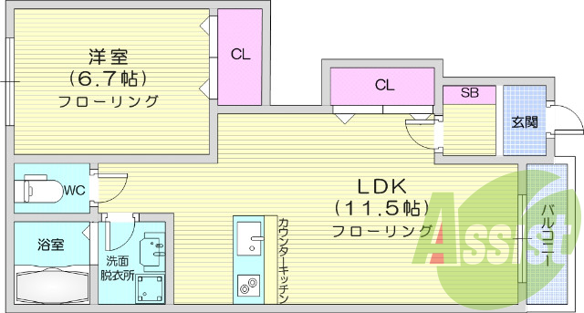 1LDK、南向き開口部、B・T別、浴室乾燥機付き。