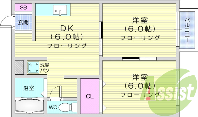 2DK、バストイレ別、南向き開口部、室内洗濯置場