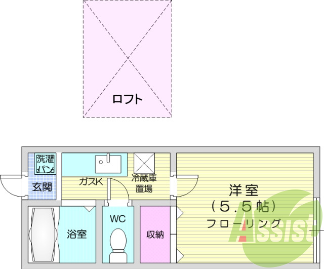 1K、バス・トイレ別、収納スペース、ロフト