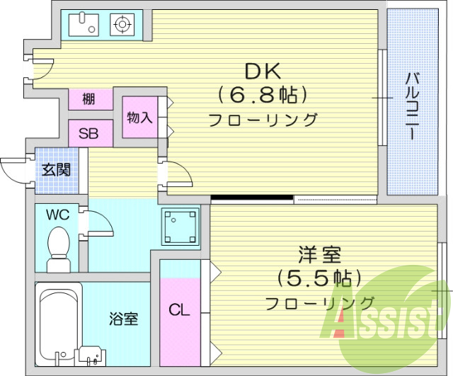 1DK、南向き、インターネット使用料無料