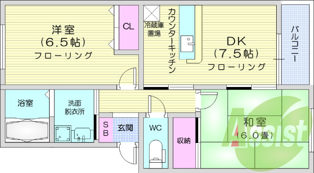 ２DK、駐車場無料、カウンターキッチン、独立洗面台、脱衣所